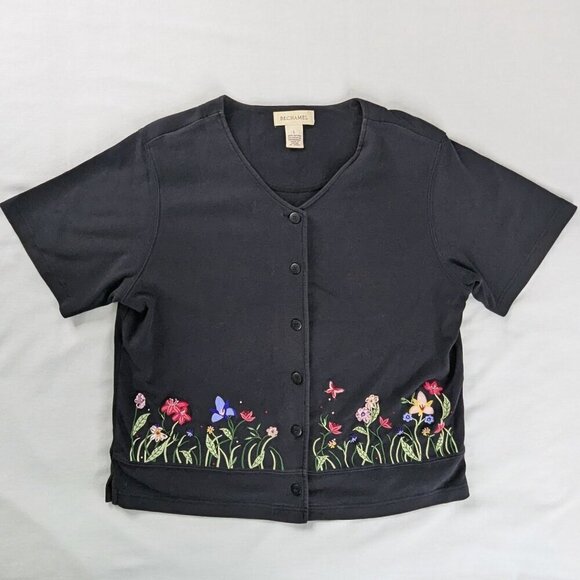 VTG Black Floral Embroidered Button Up V Neck Short Sleeve Top Grandmacore - Picture 1 of 5